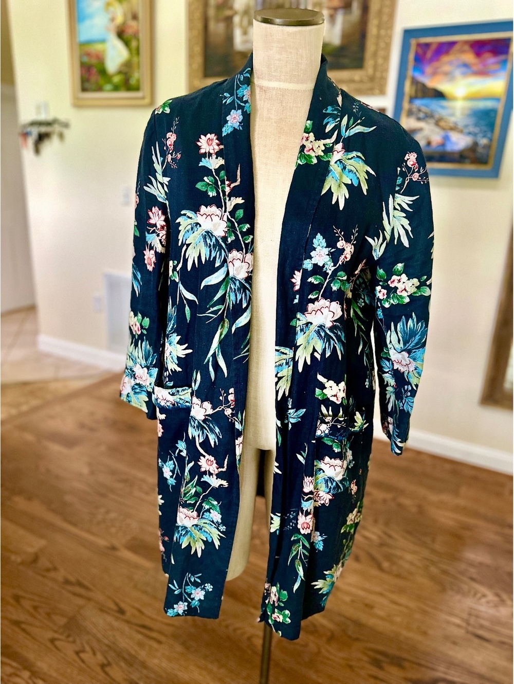 Johnny Was Workshop Linen Navy Blue Floral Print Long Sleeve Duster Size M